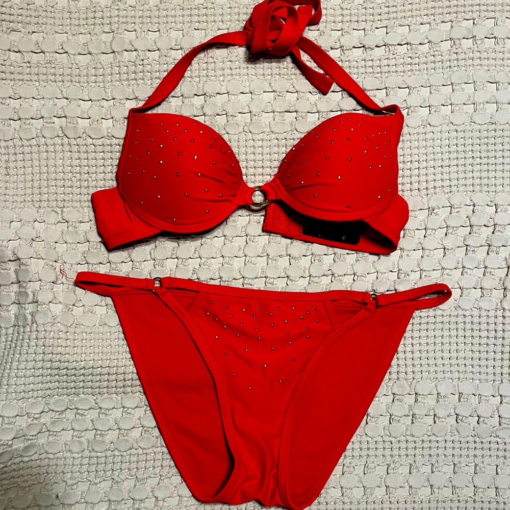 Gold studded coral red bikini